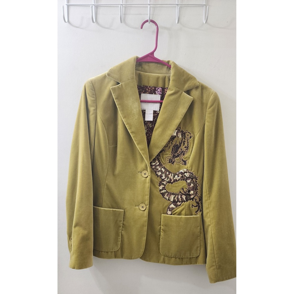 Votre Nom Green Velvet Dragon Sequin Blazer Silk Lined Cotton Jacket Womens 4